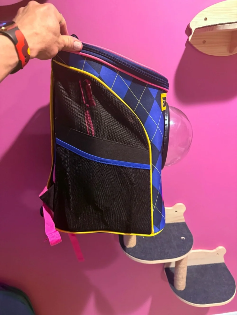 Argyle Bubble Backpack in Blue with Pink Trim